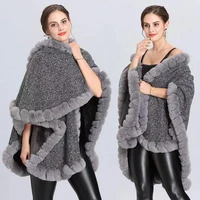 swyivy winter new fashion fox fur cape poncho big banana collar knit cashmere cloak overcoat women fur party dress wraps shawl