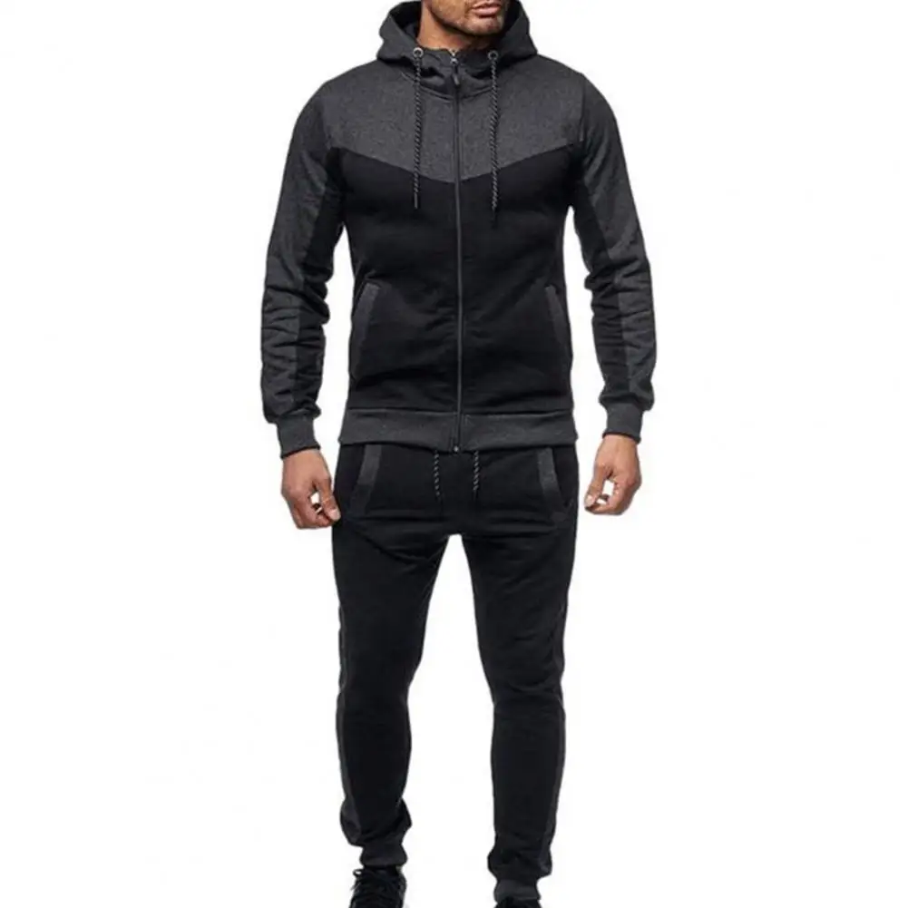 

2 Pcs/Set Men Tracksuit Contrast Colors Drawstring Hooded Breathable Coat Suit for Daily Wear