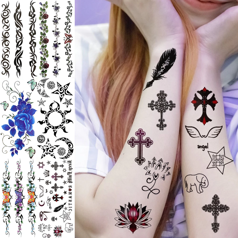 Jesus Christ Cross Feather small Temporary Tattoos For Kids Children Finger Fake Tattoo Tribal Totem Flower Vine Sticker Tatoos
