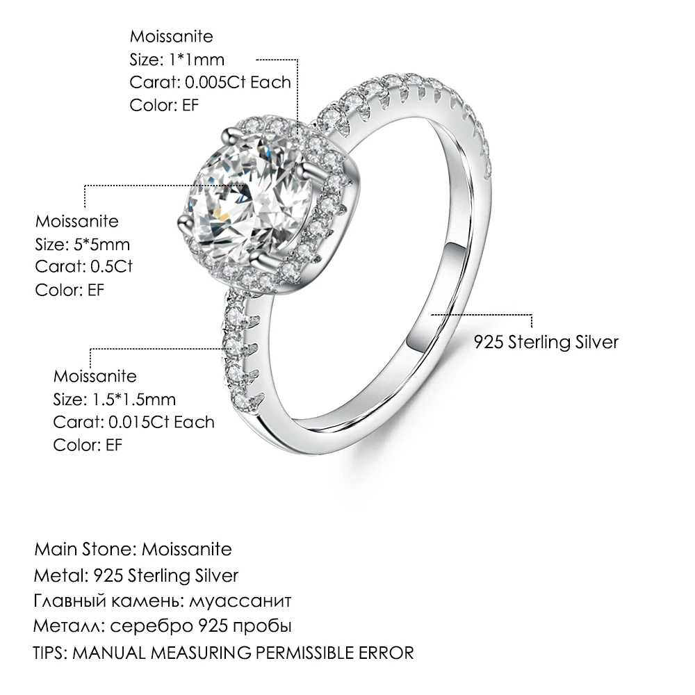 GEM'S BALLET 0.5Ct 5mm Art Deco Halo 925 Sterling Silver Moissanite Ring 3 Band Half Eternify Set Wedding Rings For Bridal Women |