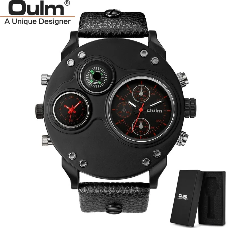 

Oulm 3741 Double Time Zone Watches Men Luxury Brand Unique Male Quartz Sport Wristwatch Decorative Compass Big Men's Watch