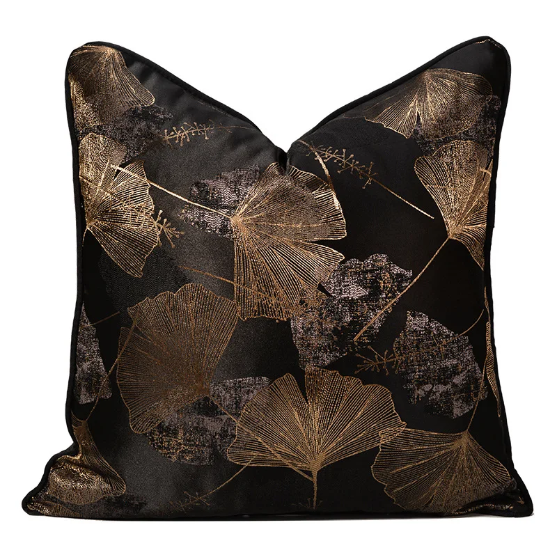 

European style dark black ginkgo leaf jacquard pillow case cushion cover backrest sofa golden leaf pillow covers