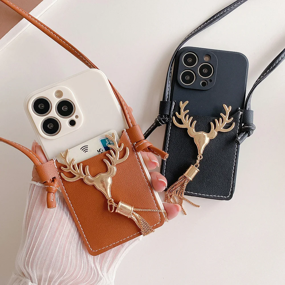 

Christmas Gift 3D Cute Deer Card Pocket Case For iPhone 6 7 8 Plus X XR XS Max 11 2 13 Pro Max Mini Phone Cover Shell Lanyard