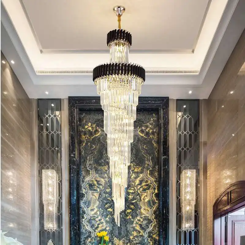 Double staircase chandelier light luxury villa living room crystal light hollow building spiral staircase black gold chandelier