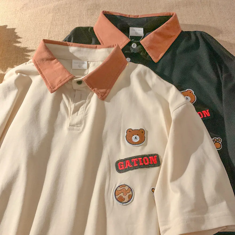 Футболки в японском стиле с изображением медведя вышитые рубашки поло хлопковые