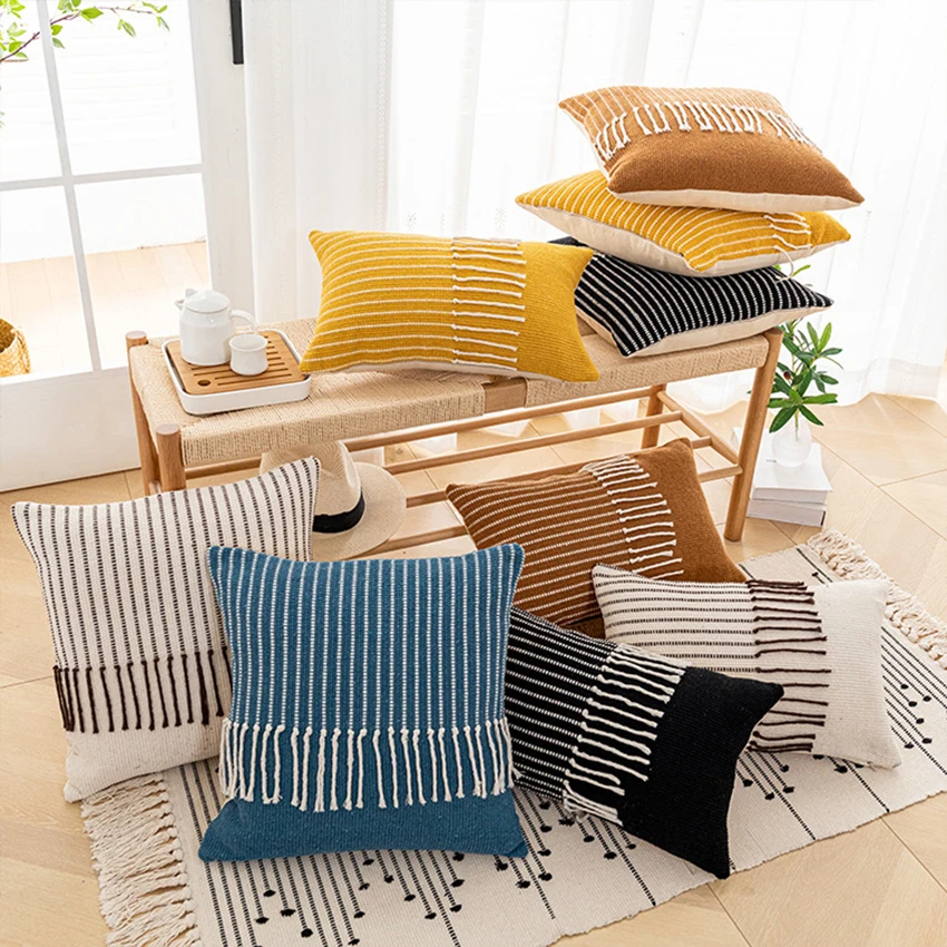 

Tassels Pillow Cover Blue Ivory Black Cotton Woven Stripe for Home Decoration Sofa Bed 45x45cm/30x50cm/50x50cm Throw Pillows