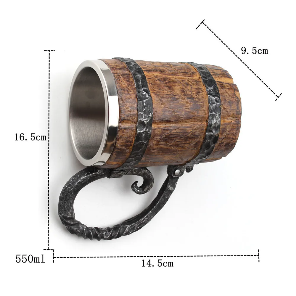 

Wood Beer Mug Wine Tumbler Simulation Log Viking Style Drinking Mug Double Wall Stainless Steel Mugs Creative Gift Dropshipping