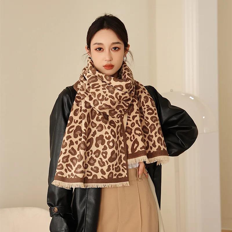

Женский шарф на осень и зиму, длинная теплая шаль из искусственного кашемира с леопардовым принтом двойного назначения, Дамские аксессуары
