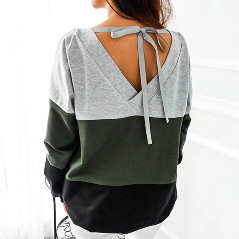 

Sexy Backless Bandage Lace-up Sweatshirt Women Hoodie Contrast Color Stitching Pullover Femme Long Sleeve Autumn Top Casual Full