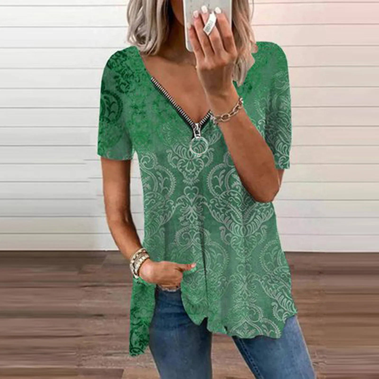 

Short Sleeve Printing Prints Women's Loose Casual Plaid Pocket V-neck Blouse Bloezen Vrouwen Blusas Ropa De Verano Mujer 2021