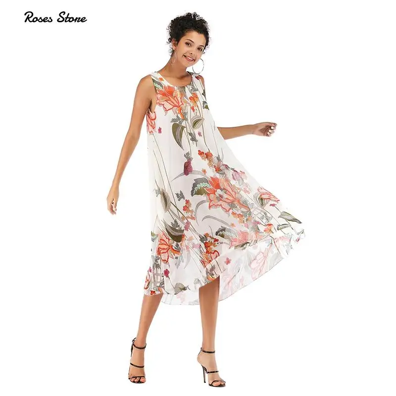 

Summer Sleeveless Dress Women Female Loose Swing Chiffon Holiday Beach Sundress Robe Vestidos Plus Size White Floral Dresses