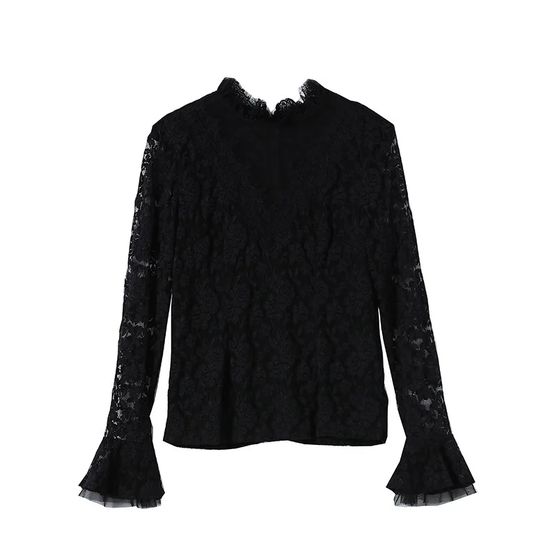 

Spring Lace Blouse Women's West Style Sexy Bottoming Shirt Design Sense Versatile Half High Collar Ladies T-Shirt Women Tshirt