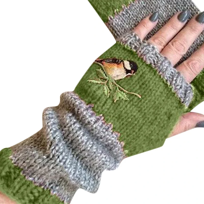 

Embroidery Birds Gloves Cotton Fingerless Glove for Women Girl's Knitted Block Splice Mittens Womens Girls Fingerless Gloves