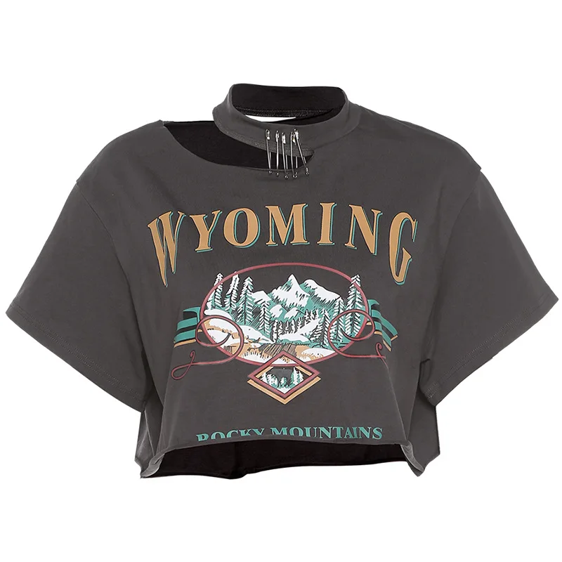 

Women Sexy O Neck Loose Letter Print Hollow Out Punk Short Sleeve Crop Top T Shirt Blouse Tee Harajuku High Street Clubwear Casu