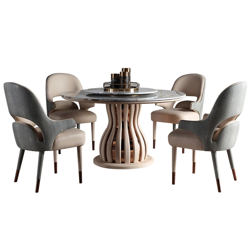 

American light luxury solid wood round marble dining table with turntable household simple dining table chair combination
