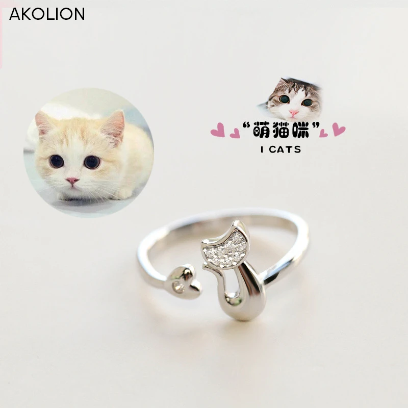 Серебряный цвет милый кот кольца котенок Циркон Кристалл регулируемое кольцо