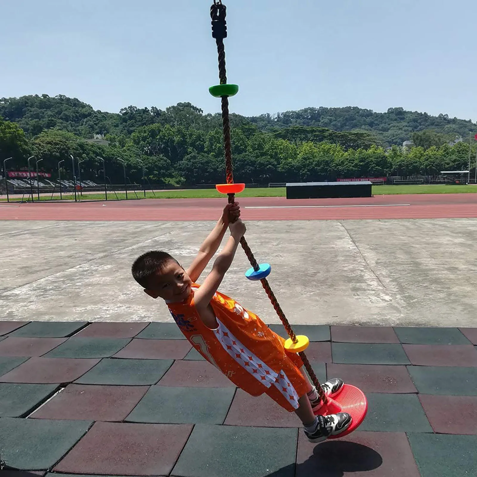 

12'' Swing Hanging Chair Kids Toys Fun Outdoor Safety Swing Basket Seat Climbing Rope with Platform & Disc Tree Swing Seat Set