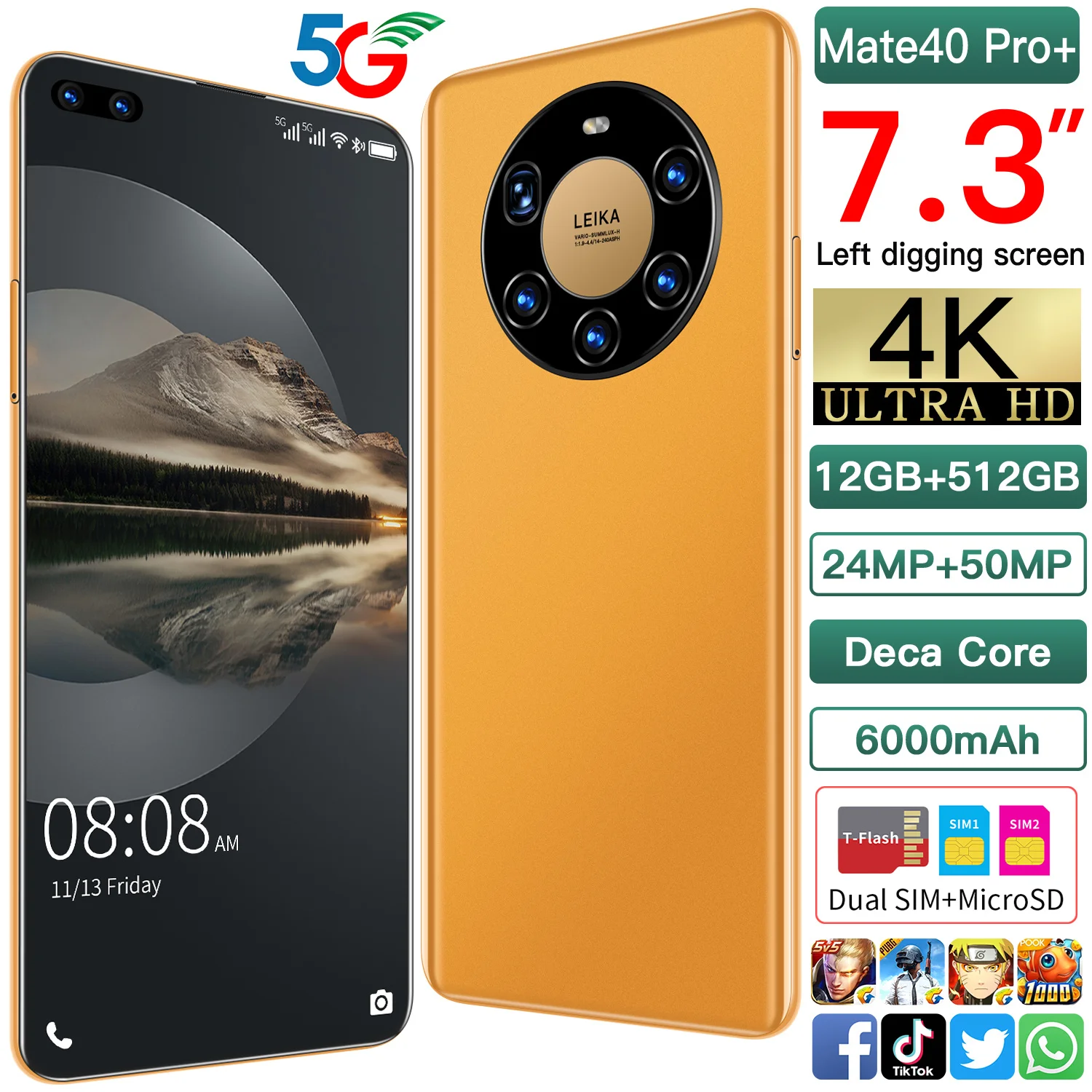 7 3 дюймов Mate40Pro + 5G полный Экран смартфон 6000 мА/ч 128/256 ГБ двух сим карт c