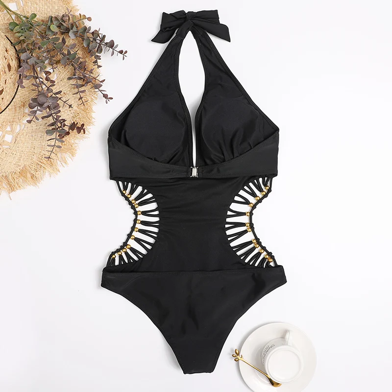 

Women Deep V Halter Swimsuit Hollow out Beaded Bikini Women Swimwear Bathing Suit TT@88