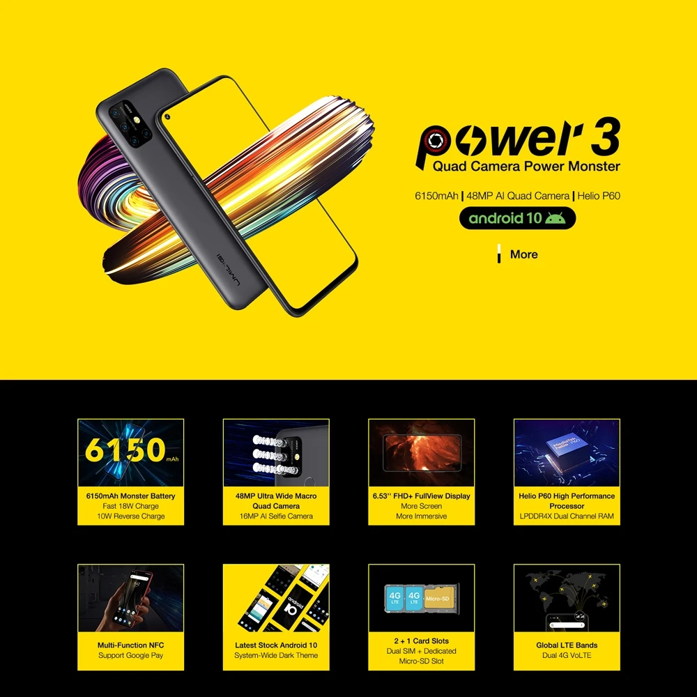 UMIDIGI Power 3 смартфон с 6 18-дюймовым дисплеем четырёхъядерным процессором Helio P60 ОЗУ 4