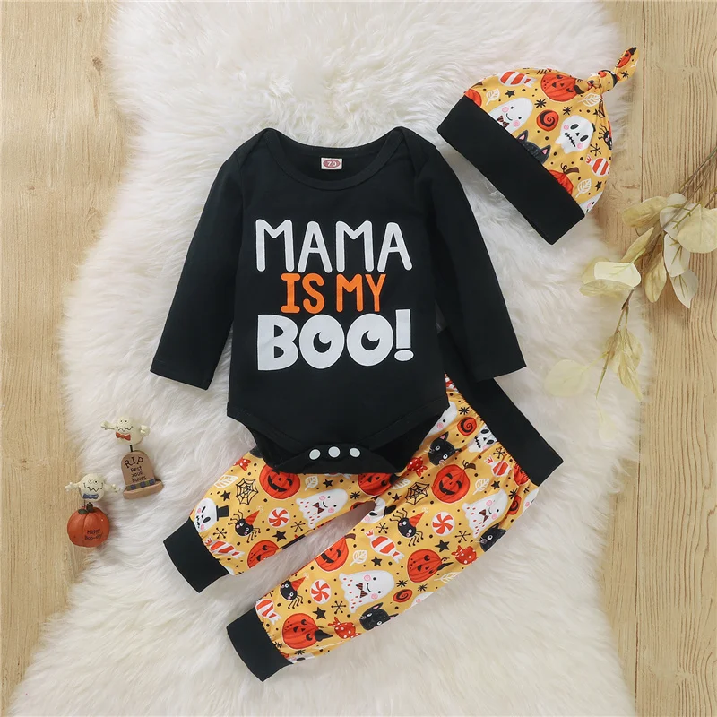 

2Pcs Newborn Baby Boys Girls Halloween Casual Outfits Toddler Long Sleeve Letter Print Romper + Pumpkin Pants + Top Knot Hat Set