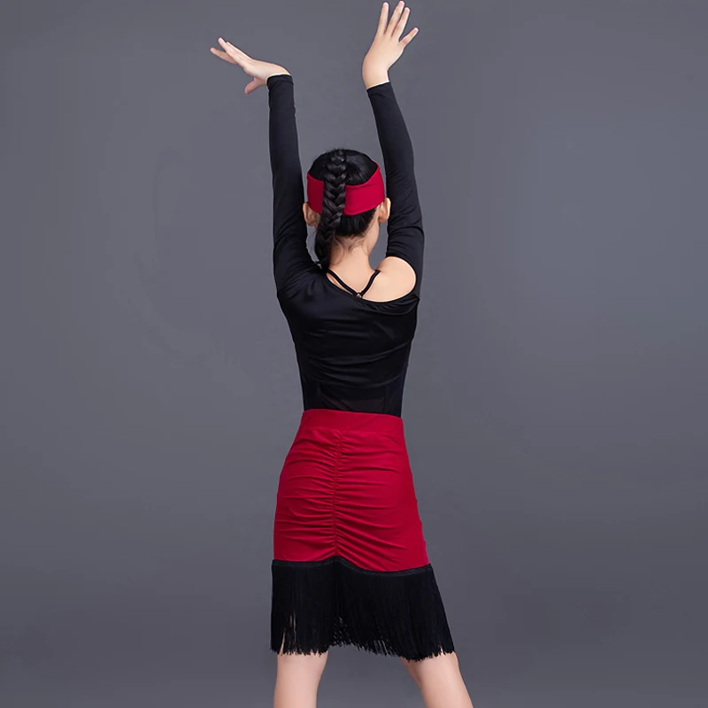 

Latin Dance Kids Dresses Girls Long Sleeved Dress Autumn Winter Dance Clothing Red Fringe Skirt Training Competititon Costume