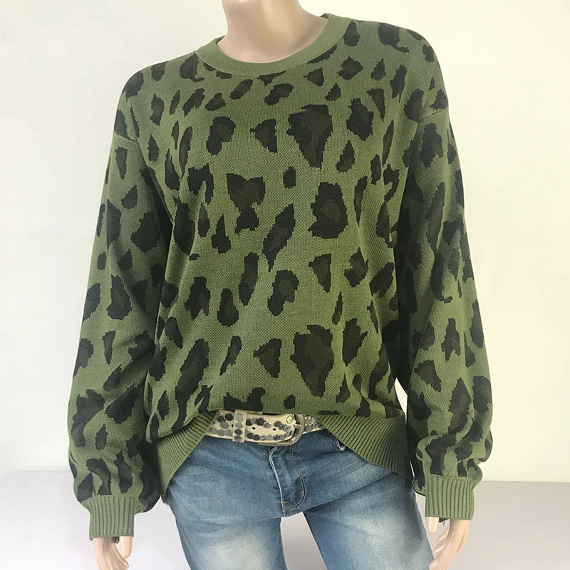 

2021 Spring Autumn New Knited Sweater Lantern Sleeve Leopard Jacquard Sweater Women Pullover Jumper Fashion Clothes Dropship