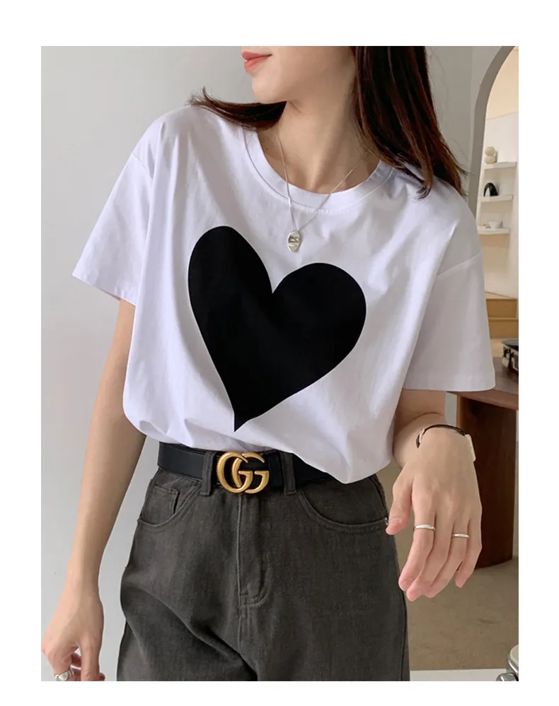 

2021summer New Short-Sleeved Women's Peach Heart Printed Half Sleeve T-shirt Korean Style Loose Slimming Top Ins Fashion