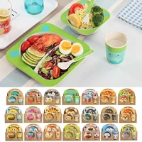 5pcsset baby feeding bowl plate dishes fork spoon cup children tableware bamboo fiber kids cartoon separation feeding plate