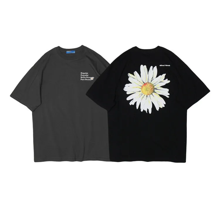 

EuropeanandAmerican loose Daisy print men's T-shirt fashion round collar hip-hop style cuff short sleeves five-quarter sleevetop
