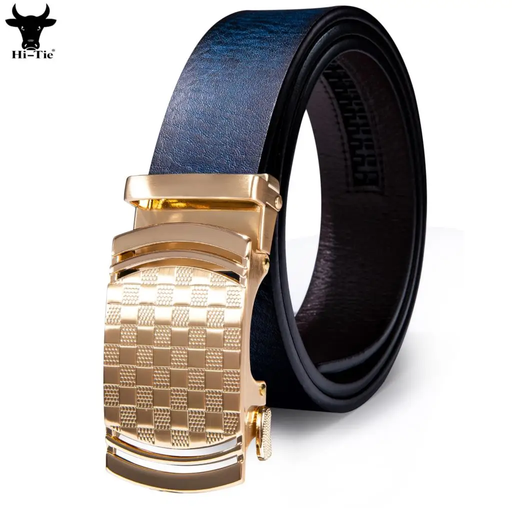 Hi-Tie Blue Navy Cowhide Leather Mens Belts Gold Automatic Buckles Ratchet Adult Waist Belt for Men Dress Jeans Wedding Party XL