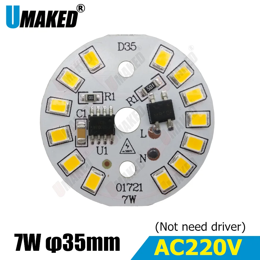 Светодиодный pcb SMD2835 7 Вт 35 мм переменный ток 220 В 3 5 9 12 интегрированный ic драйвер
