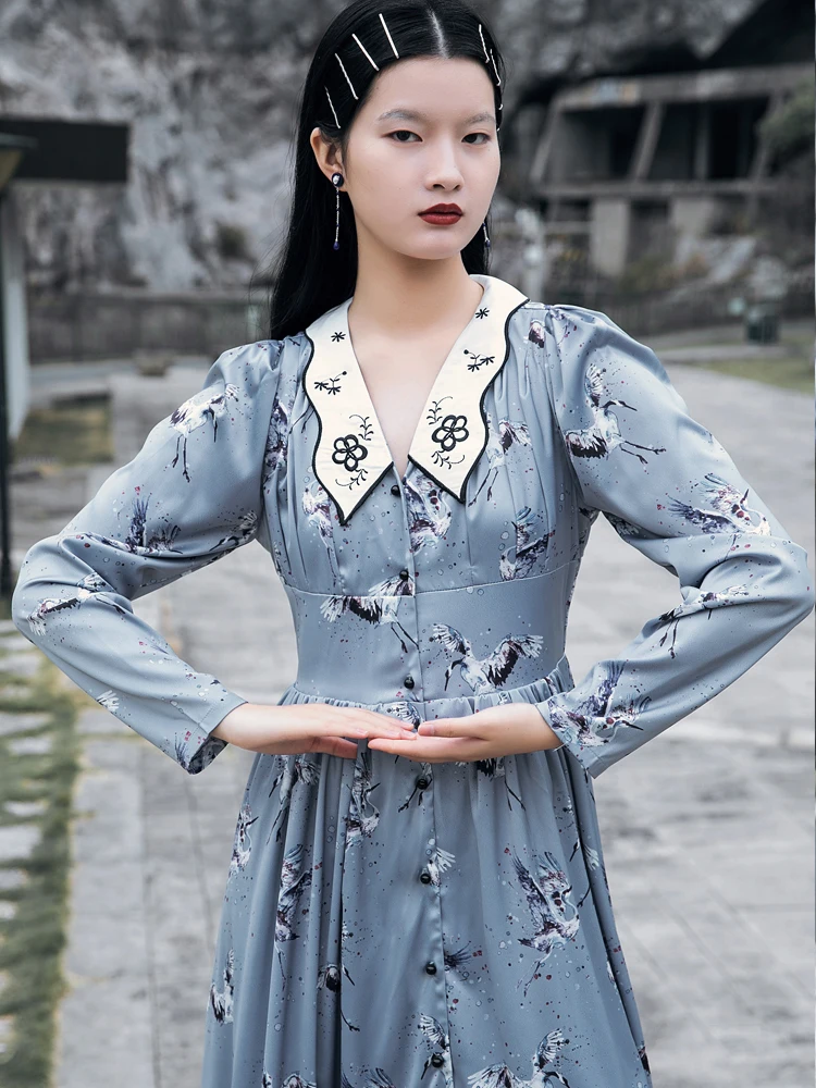 Spring Autumn Original Design Women All-match Vintage Embroidery Collar Crane Print Puff Sleeves Empire Slim Shirt Dresses