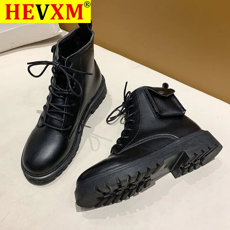 

HEVXM 2020 модные полусапожки для женщин на толстом каблуке короткие сапоги на шнуровке с круглым носком мотоциклетные сапоги женская обувь Botas ...