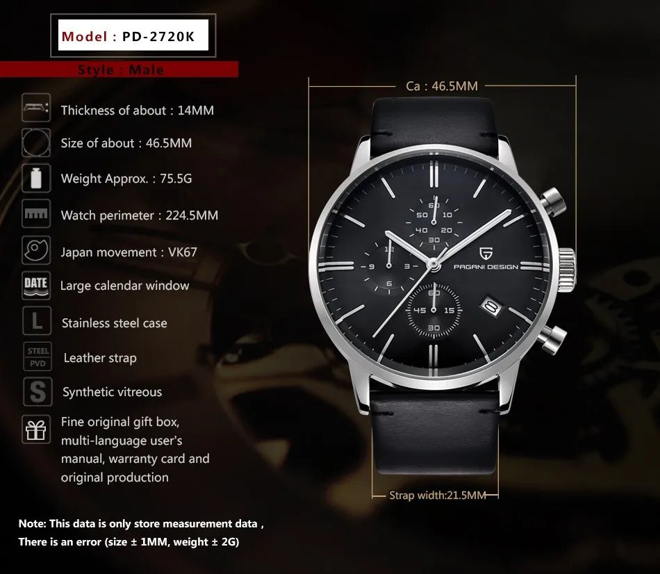 PAGANI DESIGN Mens Watches Top Brand Luxury Waterproof 30M Genuine Leather Japanese VK67 Movement Quartz Watch Relogio Masculino | Наручные