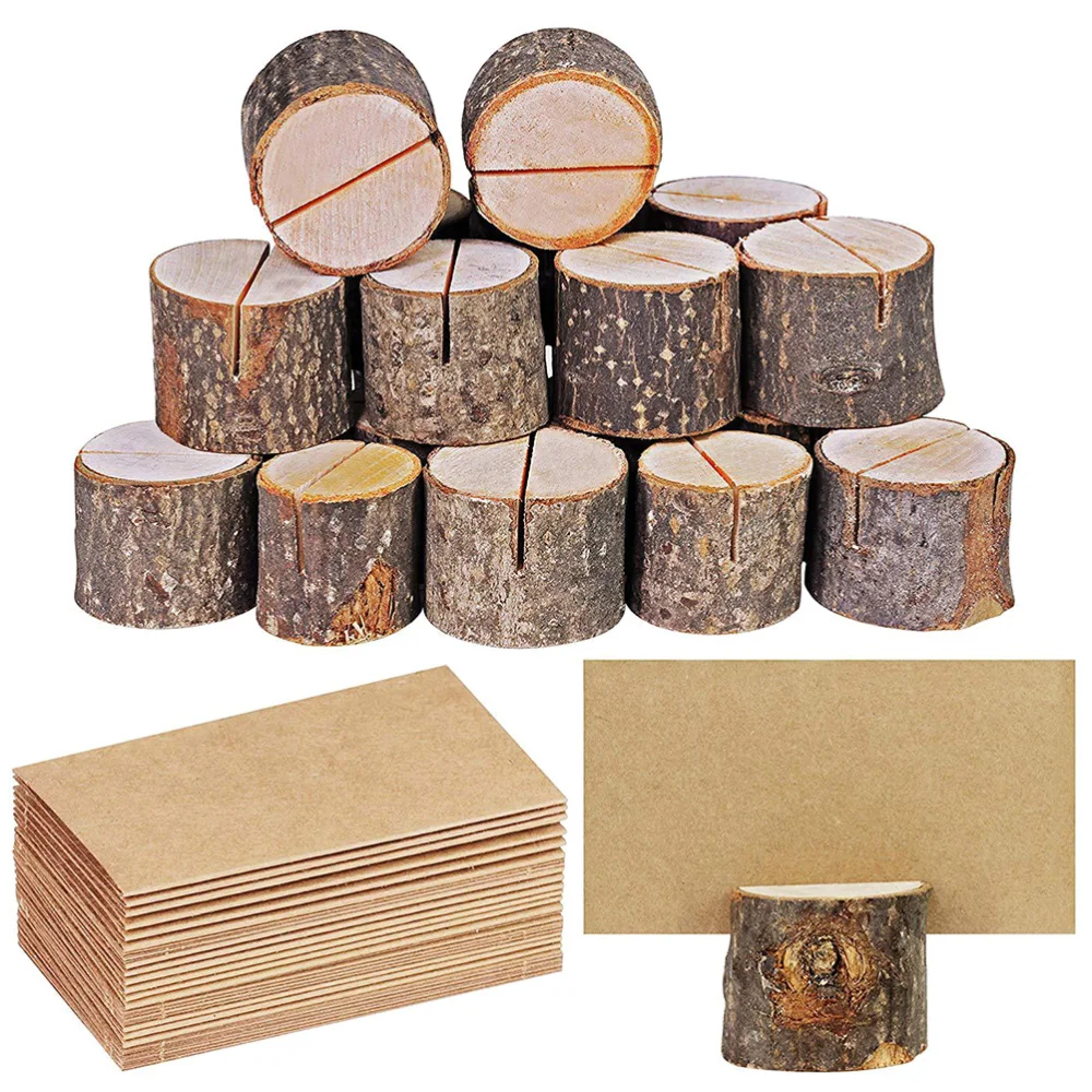 

35 Sets Creative Wooden Bark Memo Holder and 35 Pcs Cards Wood Pile Name Place Holders Stump Shape Menu Number Memo Stand