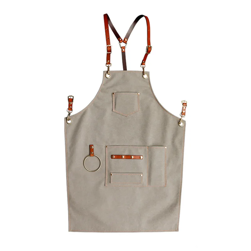 GrayCanvasBrownStrap Брезентовый фартук с кожаным ремешком бариста бармен Бейкер официантка Униформа парикмахер флорист парикмахер садовник живописец рабочая одежда D55 - Цвет: GrayCanvasBrownStrap