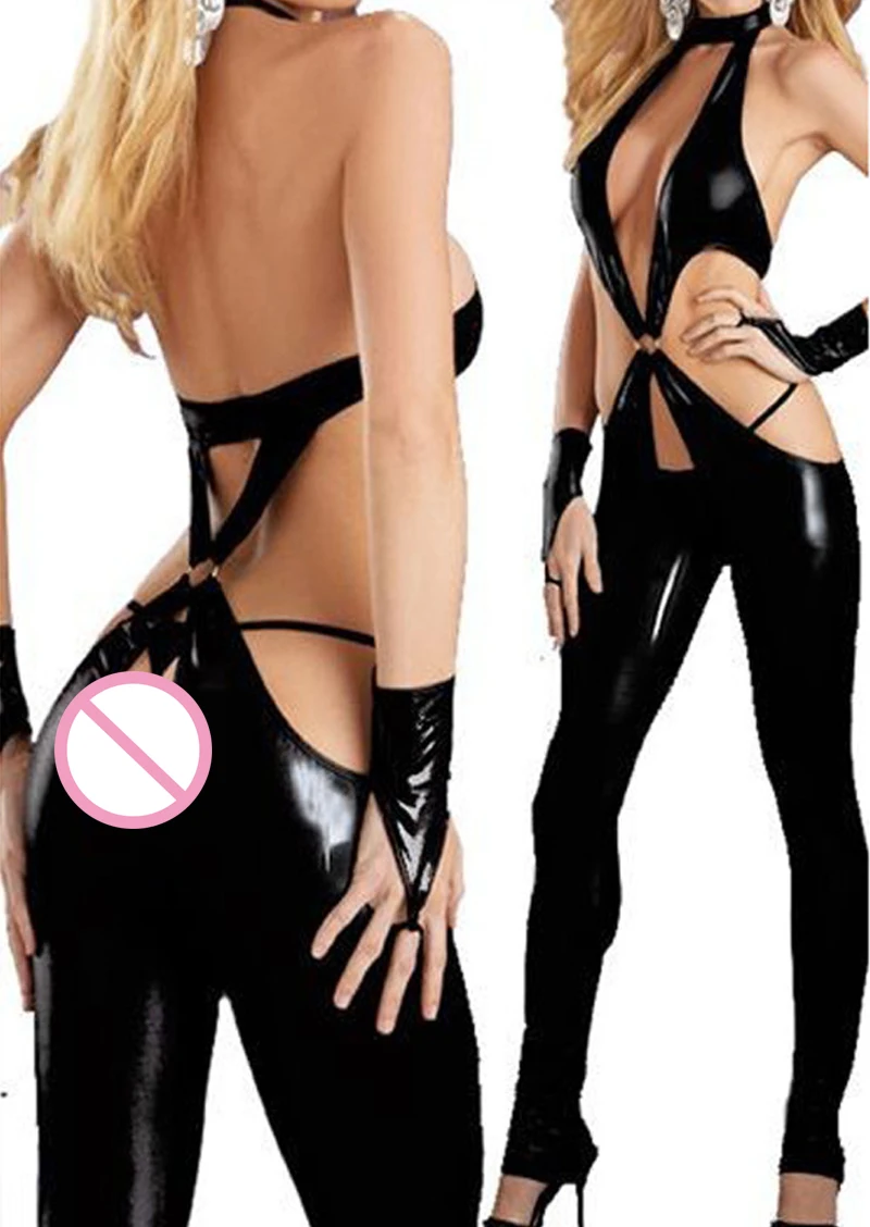 

Эротический женский комбинезон с вырезами, черный комбинезон из искусственной кожи с гидроэффектом, женское сексуальное экзотическое боди...