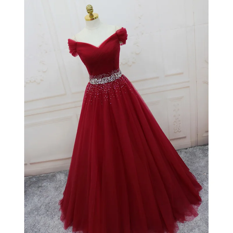 

2020 Burgundy Evening Dresses Off the Shoulder Pleats Tulle with Beading Sequins Prom Gowns