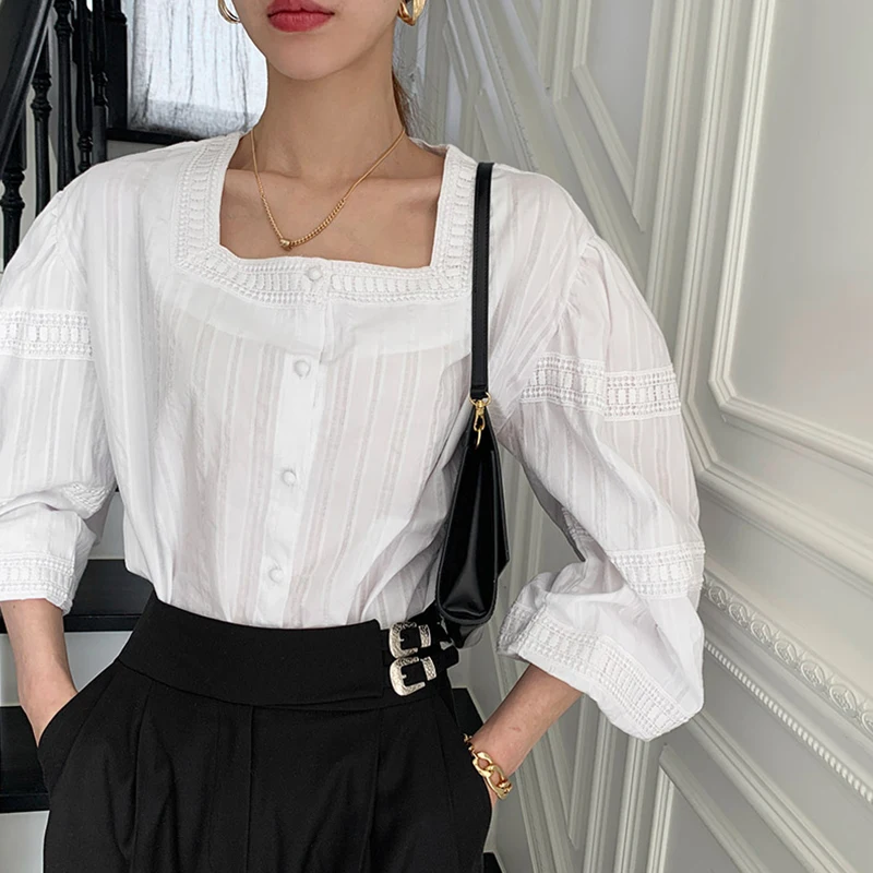 

RUGOD 2021 square collar temperament jacquard lace shirt women