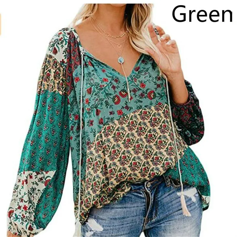 Женская Осенняя блузка с принтом длинный пуловер глубоким v образным вырезом