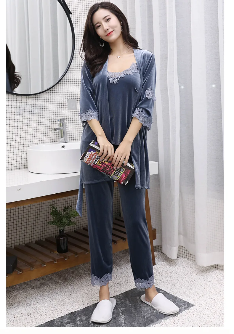 

3 Pcs Gold velvet Pajama set Warm Lace cutout sleeves+ Pants Pajamas For Women Sleepwear Kit Nightdress Nightwear Pants