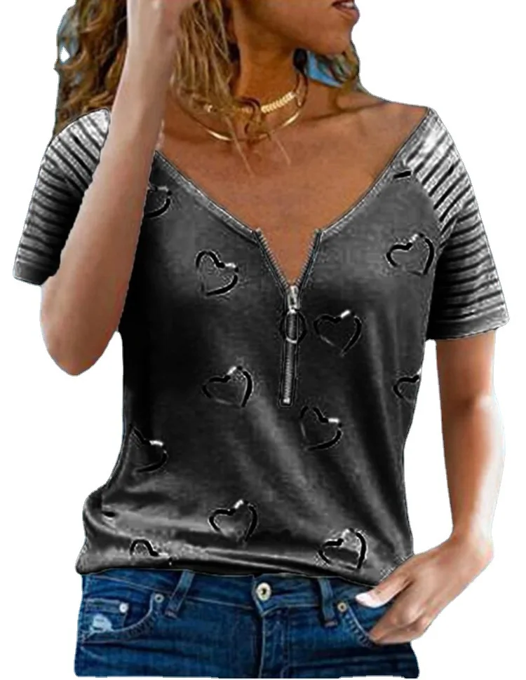 

2021 New Wish Europe and America Cross Border Women's Clothing Printed V-neck Zipper Casual Loose Short Sleeves T Blood