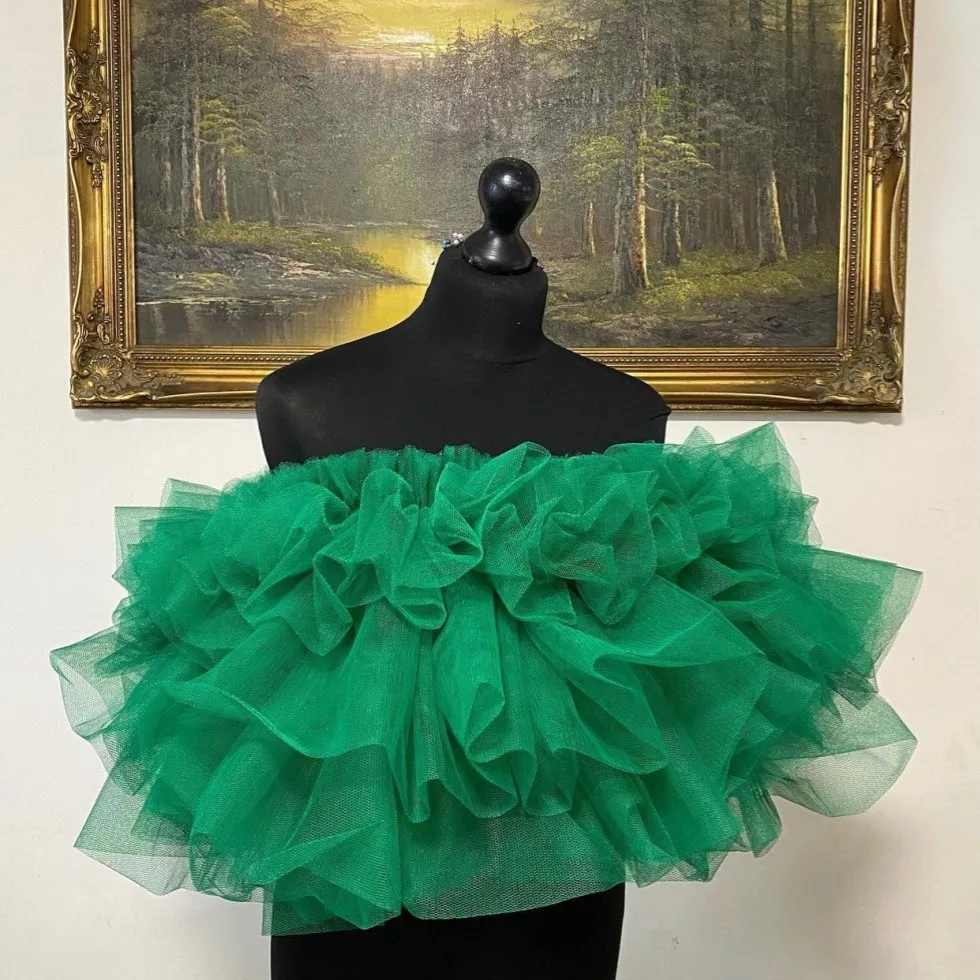 

Green Off The Shoulder Women Blouse Tulle Tops And Blouse Puffy Tiered Tutu Ruffles Tiered Female Top
