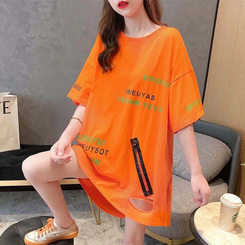 #0664 оранжевые синие длинные футболки женские на лето повседневные с коротким