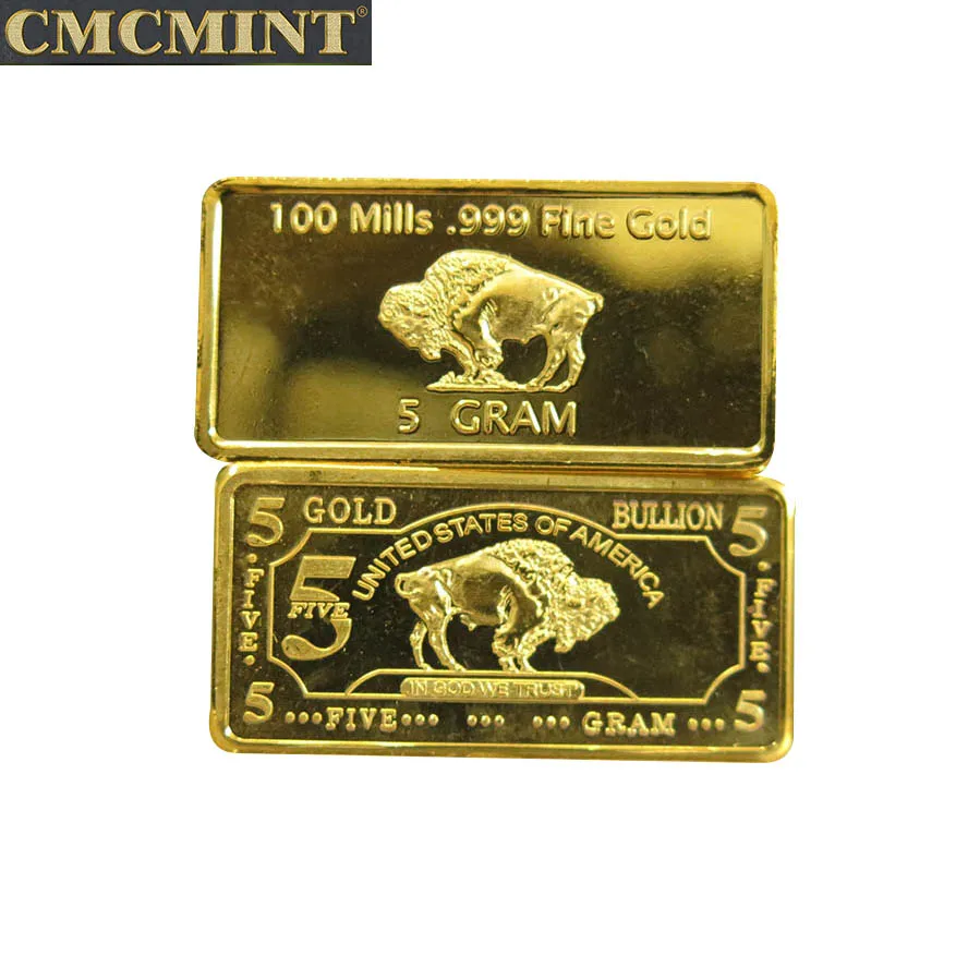 Золотистые медные слитки буйвола бар 5 г. 100 на гусеничном ходу. 999 чистого золота