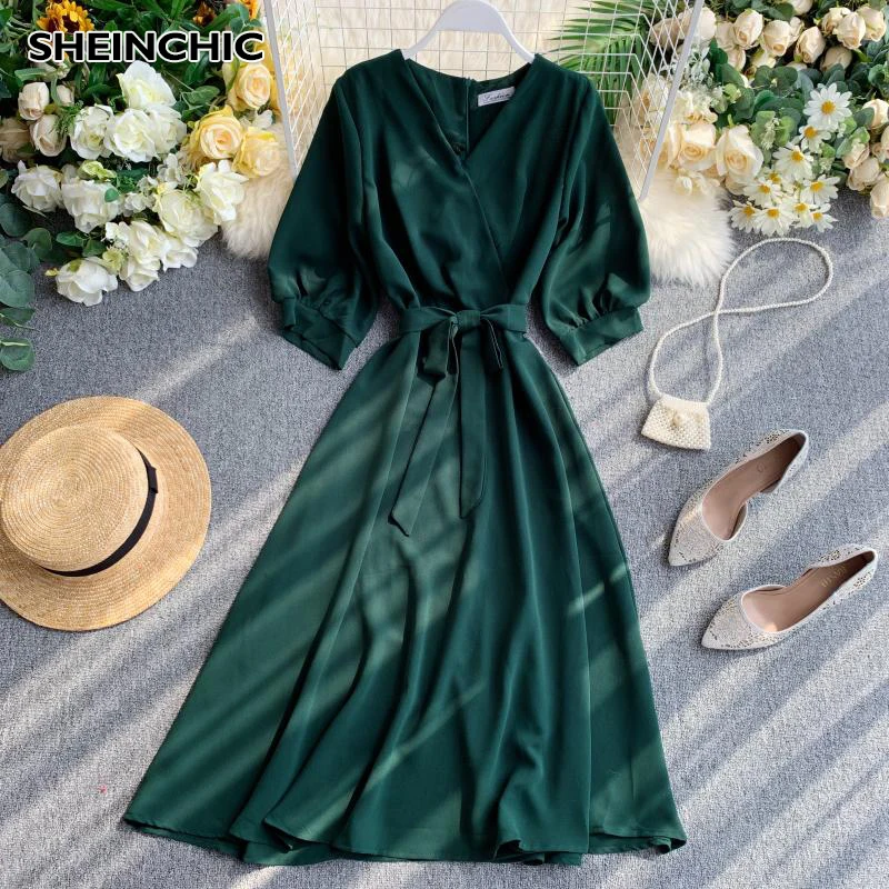 Женское винтажное платье миди с высокой талией Элегантное повседневное коротким