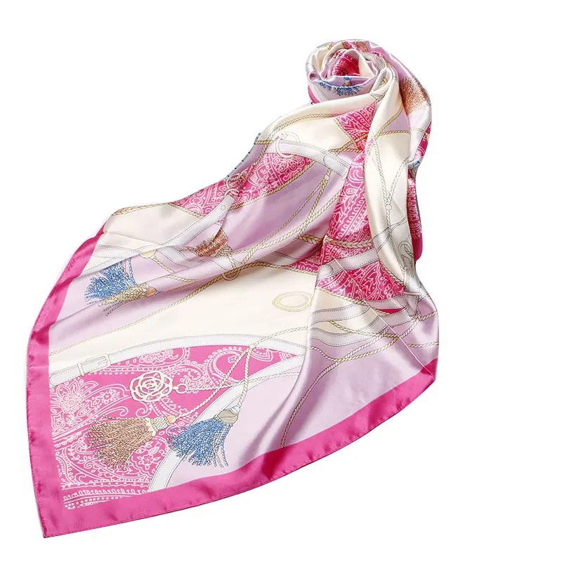 

Female Silk Satin Square Scarf Hijab Neck Scarves Floral Print Kerchief Shawl and Wrap Women Hair Scarf Headwraps 90*90cm