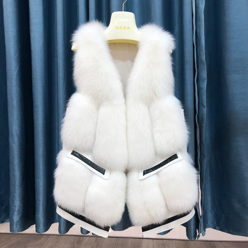 Hot Sale 2021 Winter Women New Natural Real Fox Fur Vest Stitching Design Full Leather Medium Length Coat