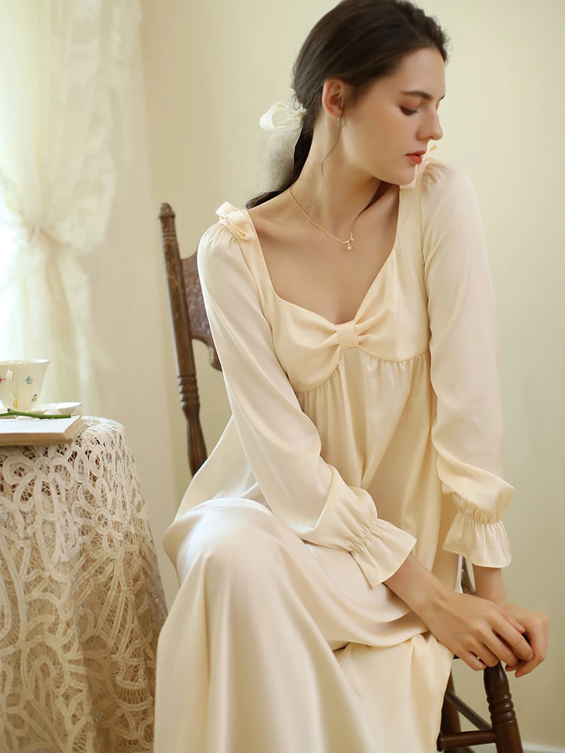 

Korean Style Princess Pajamas for Women Spring Autumn Bow Ice Silk Vintage Sweet Long Sleepwear Summer Homewear Night Dress